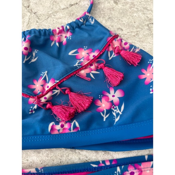 Youth Girls 2 Piece Bikini Swimsuit Set  Blue & Hot Pink Floral Pattern- Size 14 - Picture 8 of 9